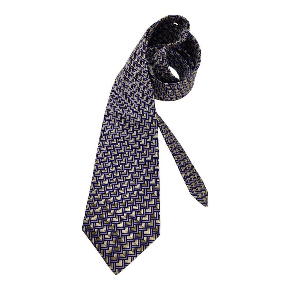 GIEVES & HAWKES Yellow Purple Geometric Silk Tie Hand Made England W:3.75"EX CD